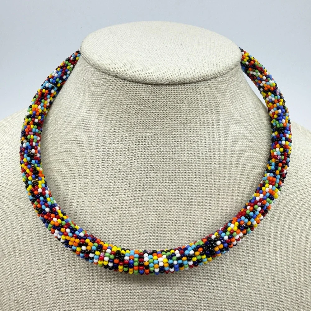 Multicolor Seed Bead Collar Necklace Boho Statement Festival Layering Gift Chic